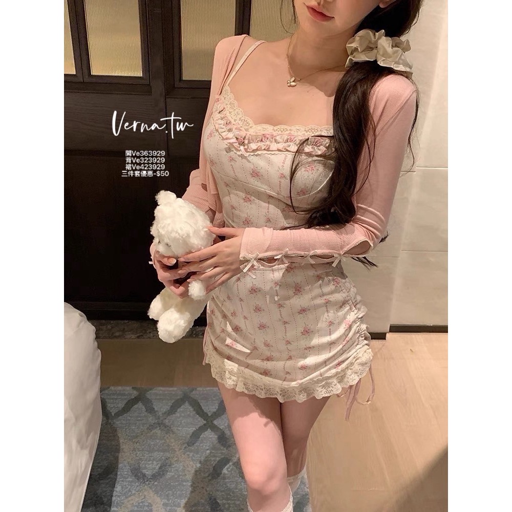 三件式套裝 玫瑰粉碎花蕾絲背心x短裙x開衫-細節圖10