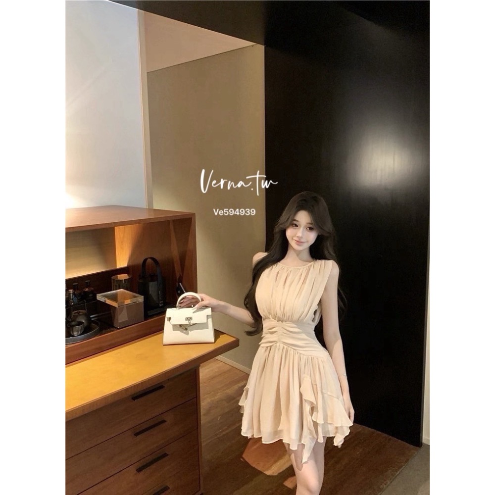 假兩件粉色雪紡飄逸連身裙-細節圖2