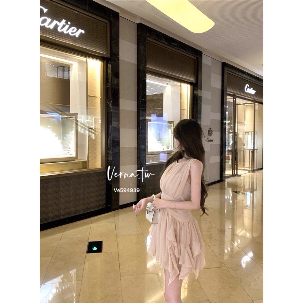 假兩件粉色雪紡飄逸連身裙-細節圖3