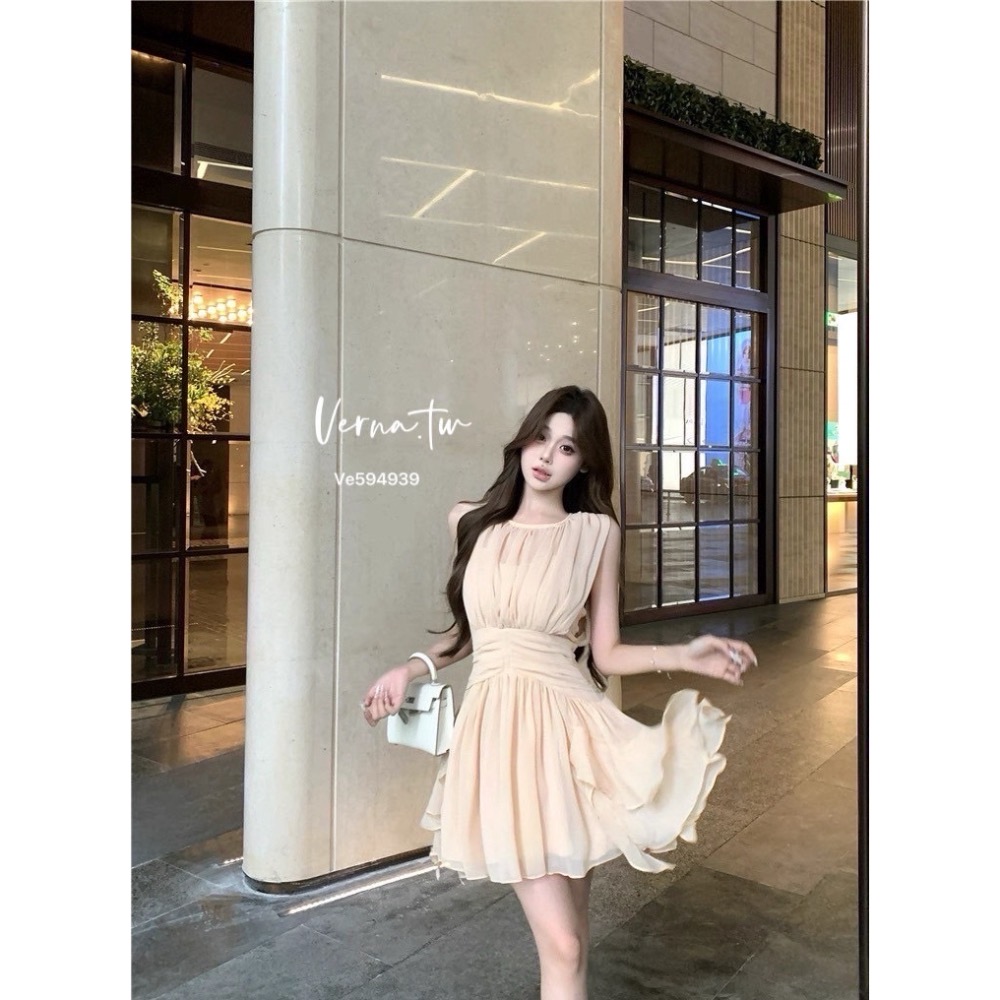 假兩件粉色雪紡飄逸連身裙-細節圖4