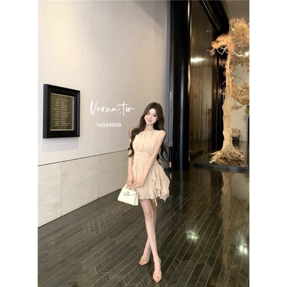 假兩件粉色雪紡飄逸連身裙-細節圖5