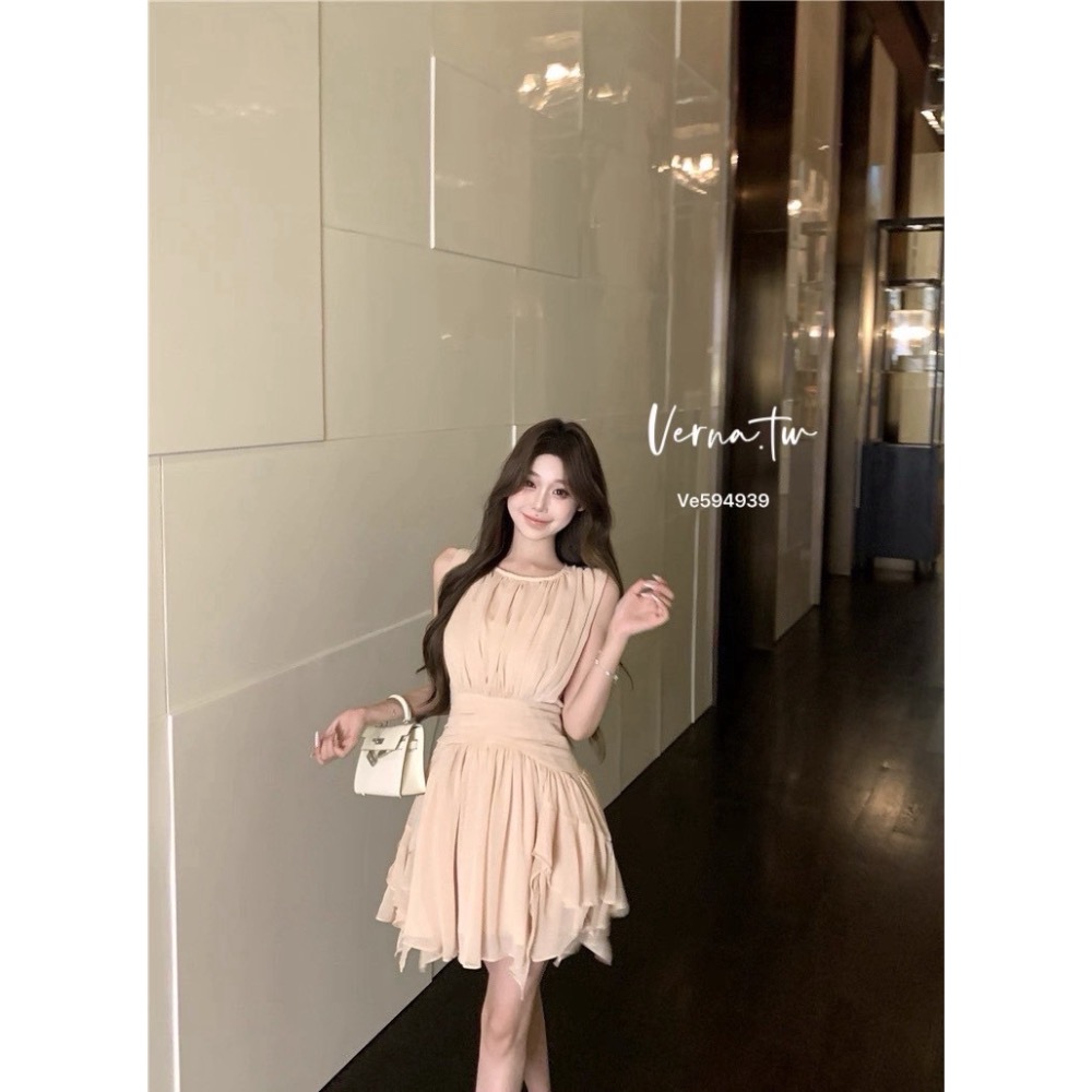 假兩件粉色雪紡飄逸連身裙-細節圖6