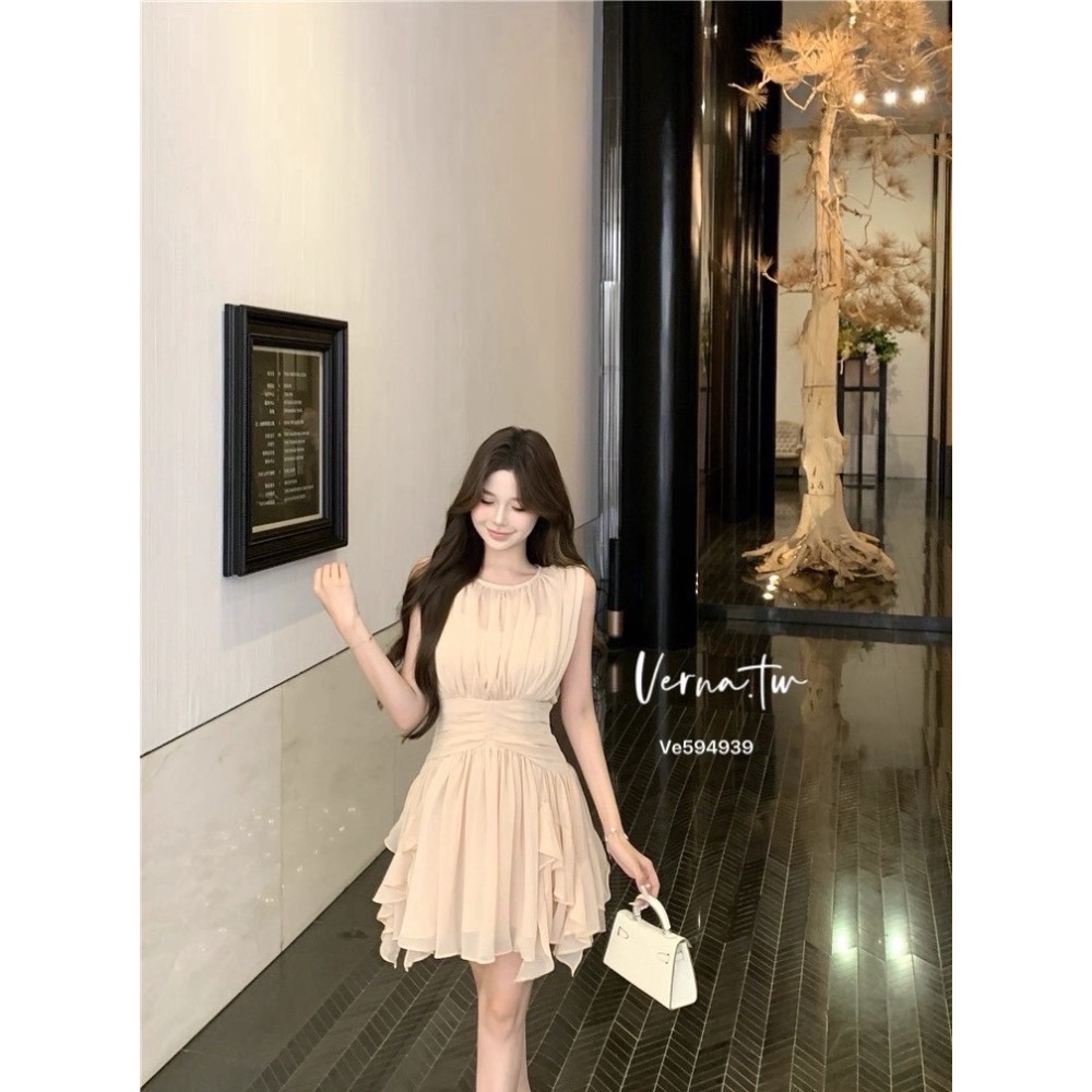 假兩件粉色雪紡飄逸連身裙-細節圖7