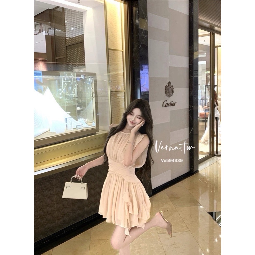 假兩件粉色雪紡飄逸連身裙-細節圖8