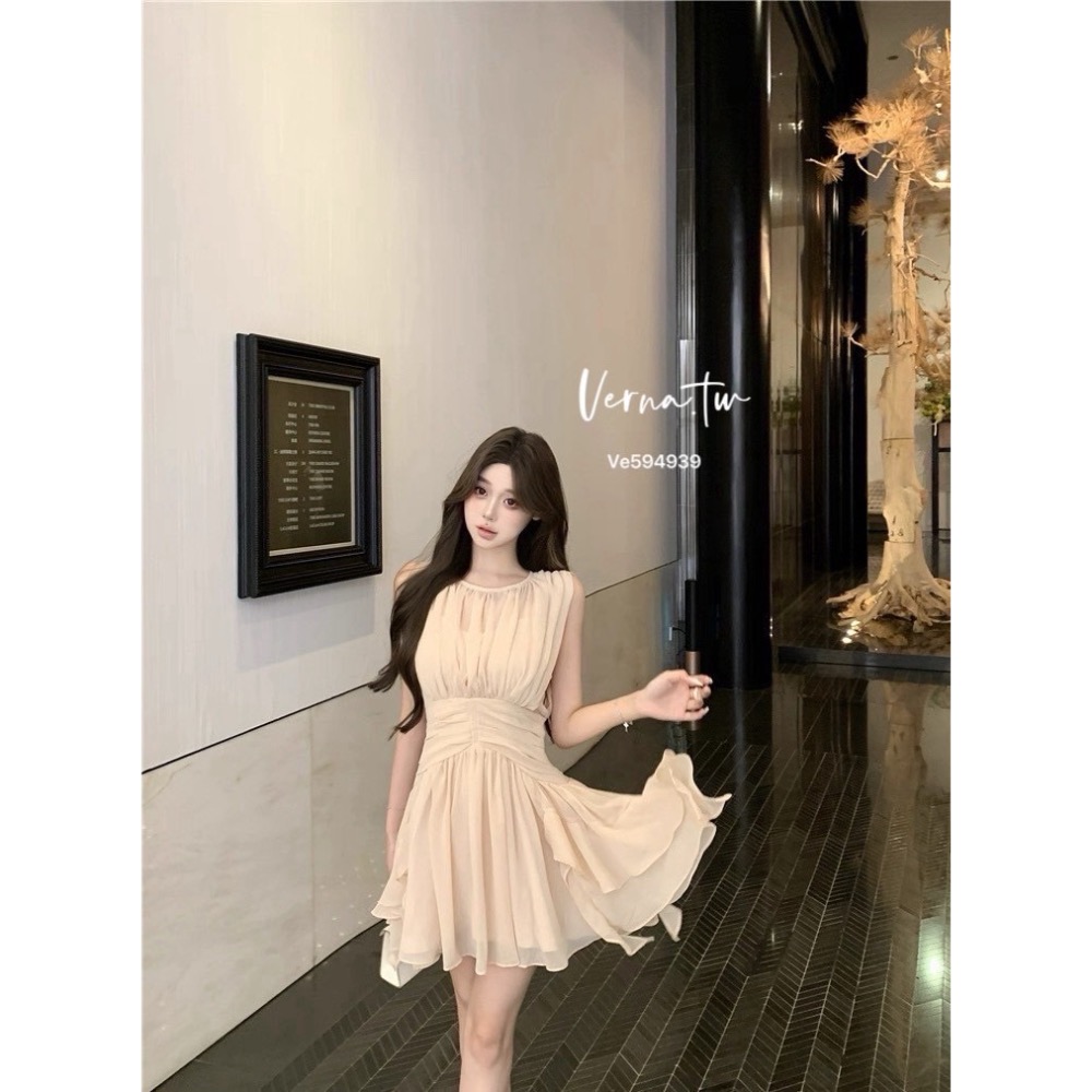 假兩件粉色雪紡飄逸連身裙-細節圖9