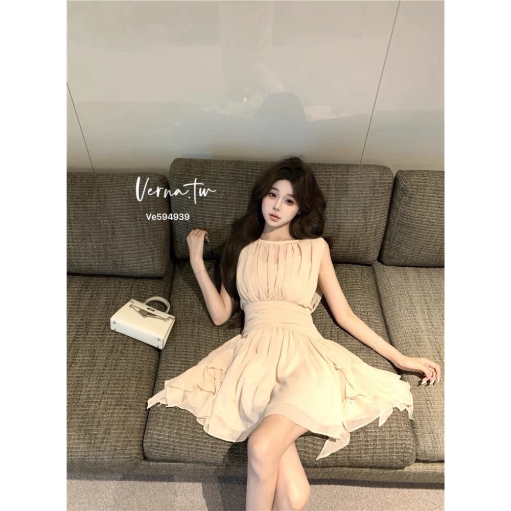 假兩件粉色雪紡飄逸連身裙-細節圖10