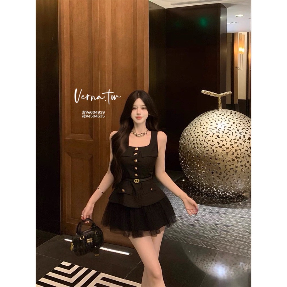 設計感黑色無袖x紗裙兩件套裝-細節圖3