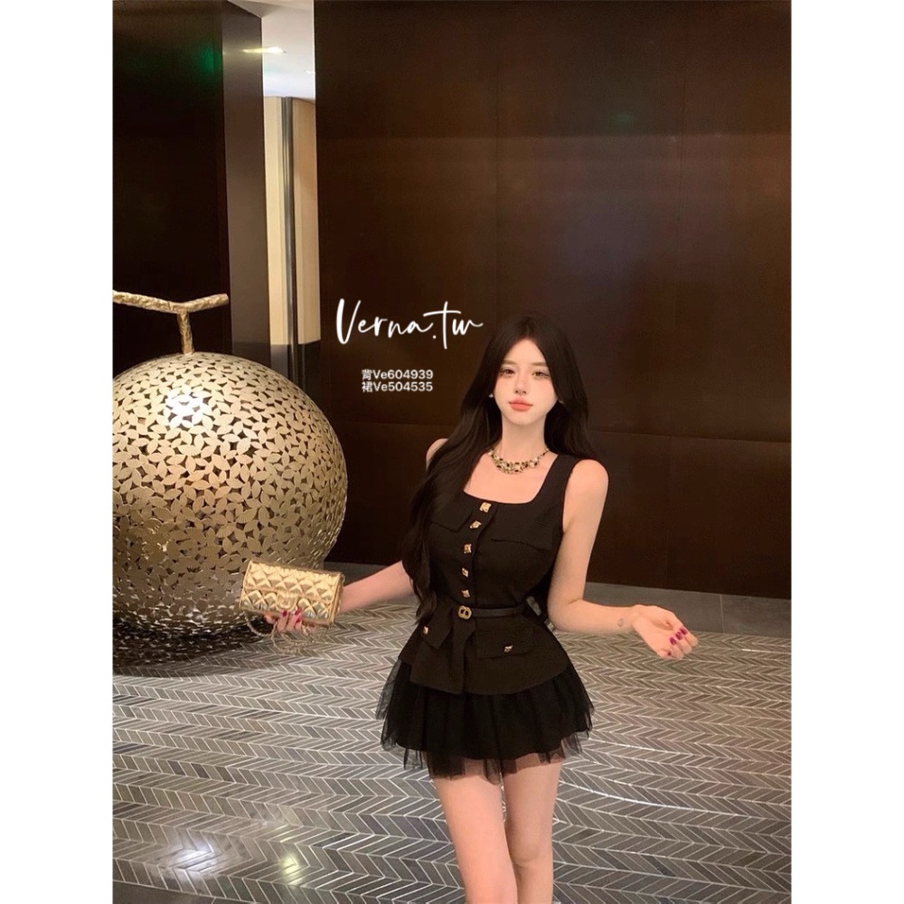 設計感黑色無袖x紗裙兩件套裝-細節圖4