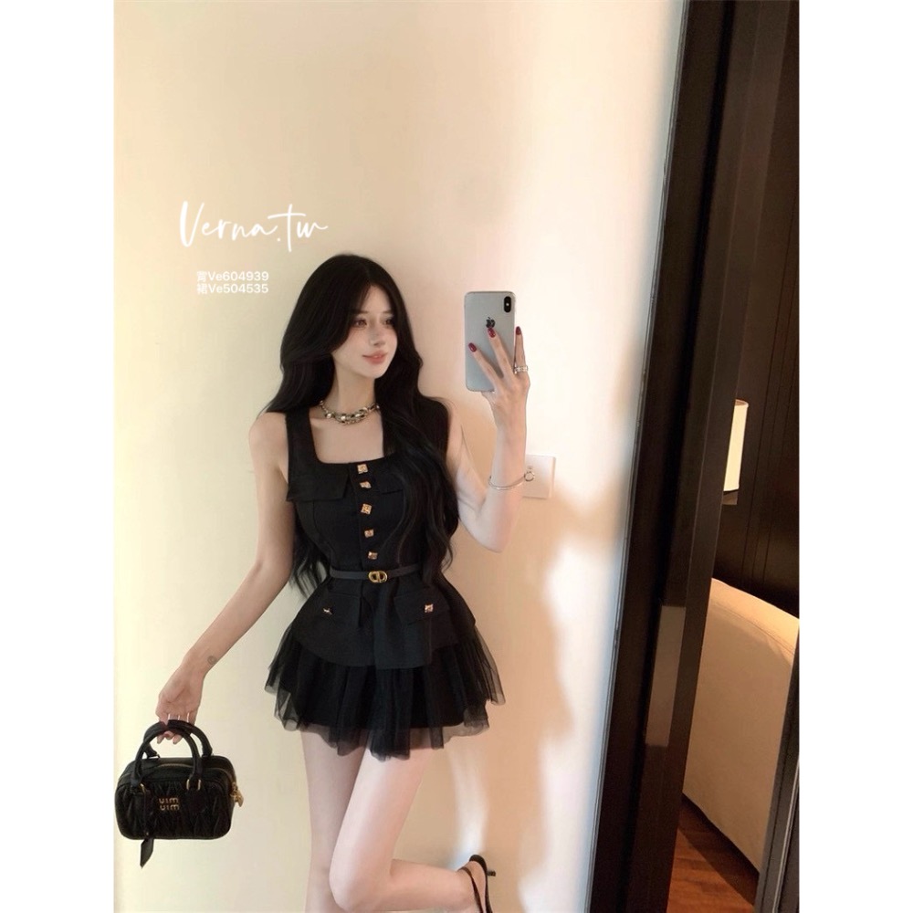 設計感黑色無袖x紗裙兩件套裝-細節圖9