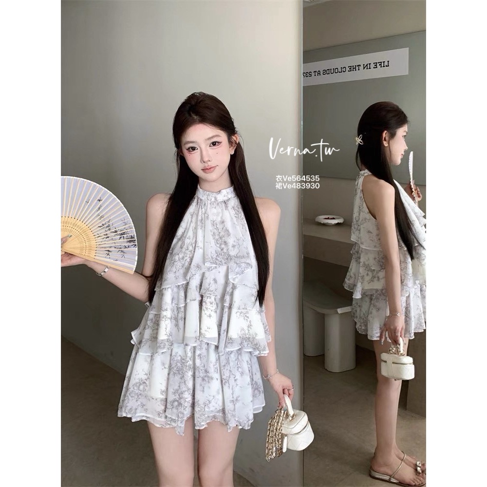 氣質美女 水墨花掛脖荷葉上衣x短裙套裝-細節圖2