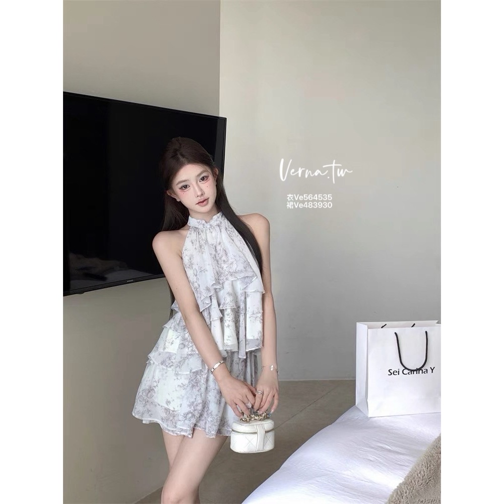 氣質美女 水墨花掛脖荷葉上衣x短裙套裝-細節圖6