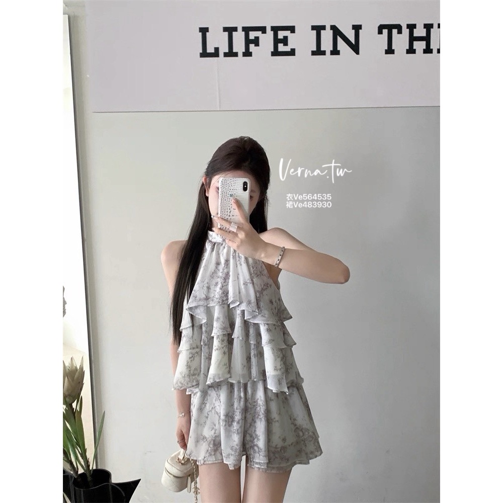 氣質美女 水墨花掛脖荷葉上衣x短裙套裝-細節圖7