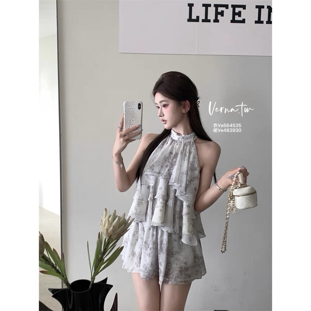 氣質美女 水墨花掛脖荷葉上衣x短裙套裝-細節圖8