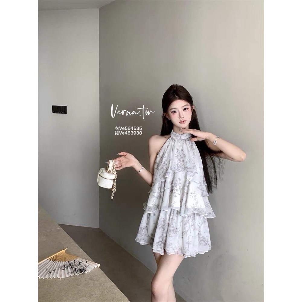 氣質美女 水墨花掛脖荷葉上衣x短裙套裝-細節圖9