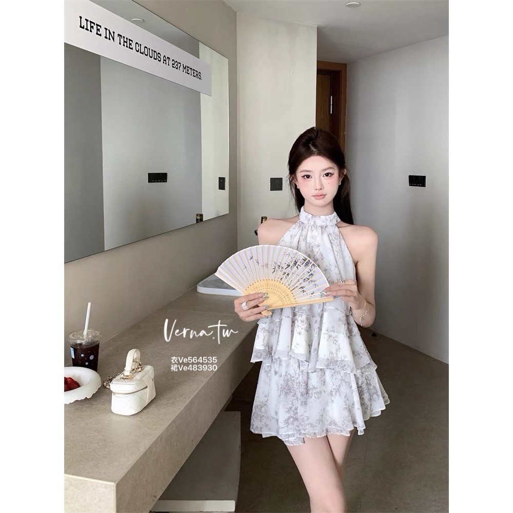 氣質美女 水墨花掛脖荷葉上衣x短裙套裝-細節圖10