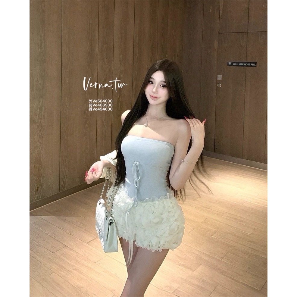 三件套裝 甜美奶藍平口背心x花朵短褲x外套-細節圖2