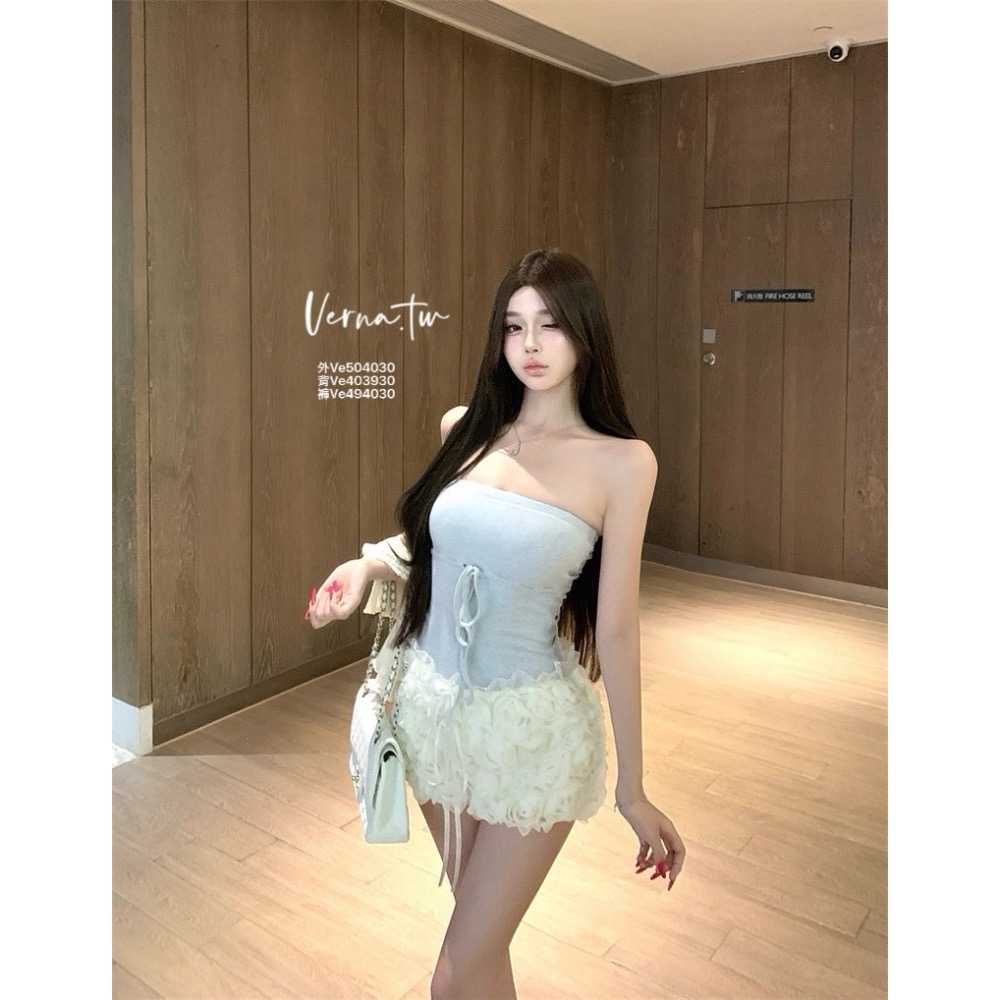 三件套裝 甜美奶藍平口背心x花朵短褲x外套-細節圖3