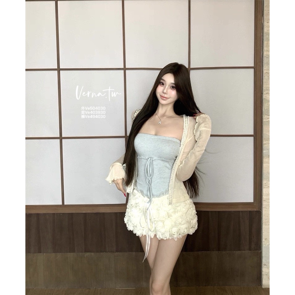 三件套裝 甜美奶藍平口背心x花朵短褲x外套-細節圖6