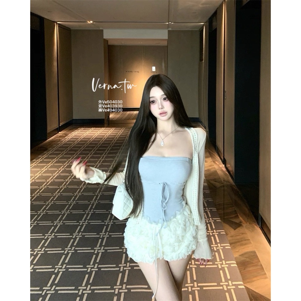 三件套裝 甜美奶藍平口背心x花朵短褲x外套-細節圖7