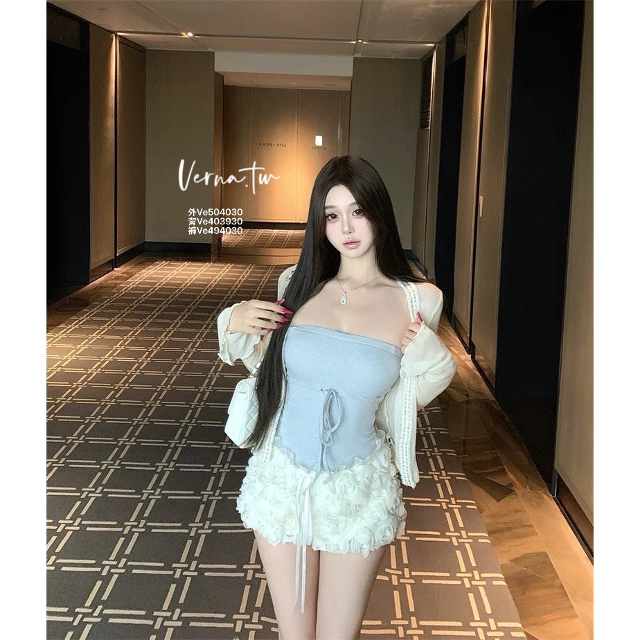 三件套裝 甜美奶藍平口背心x花朵短褲x外套-細節圖8