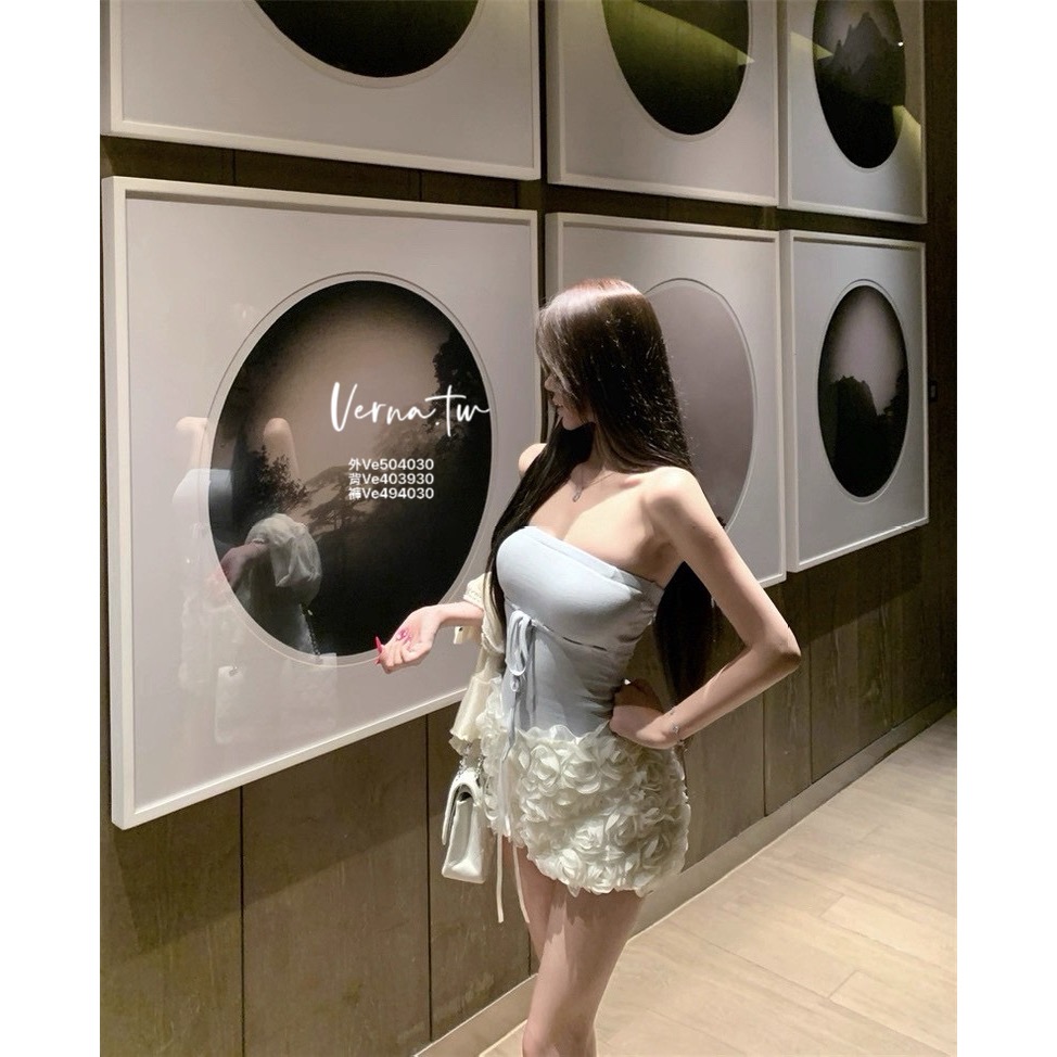 三件套裝 甜美奶藍平口背心x花朵短褲x外套-細節圖9