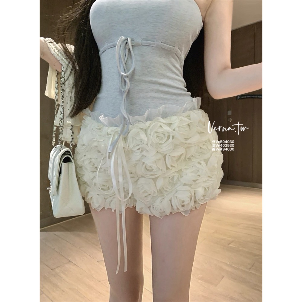 三件套裝 甜美奶藍平口背心x花朵短褲x外套-細節圖10