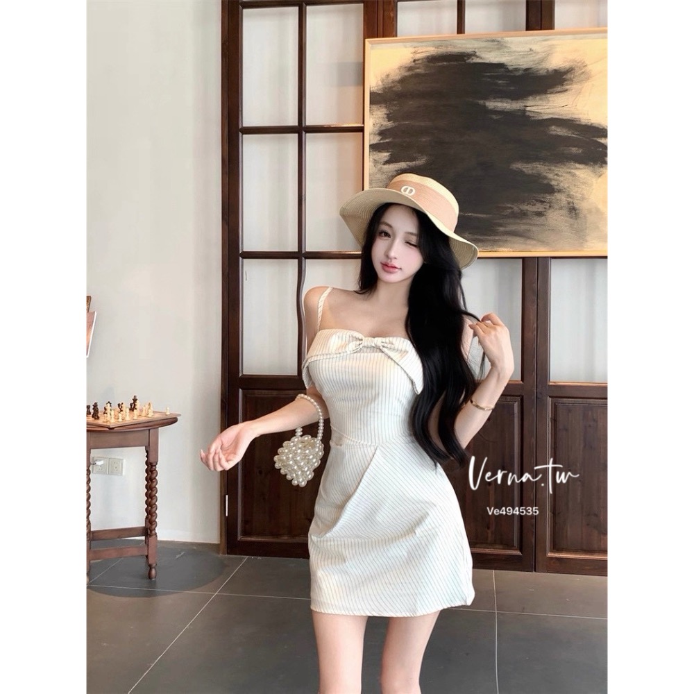 平口立體條紋蝴蝶結連身裙-細節圖2