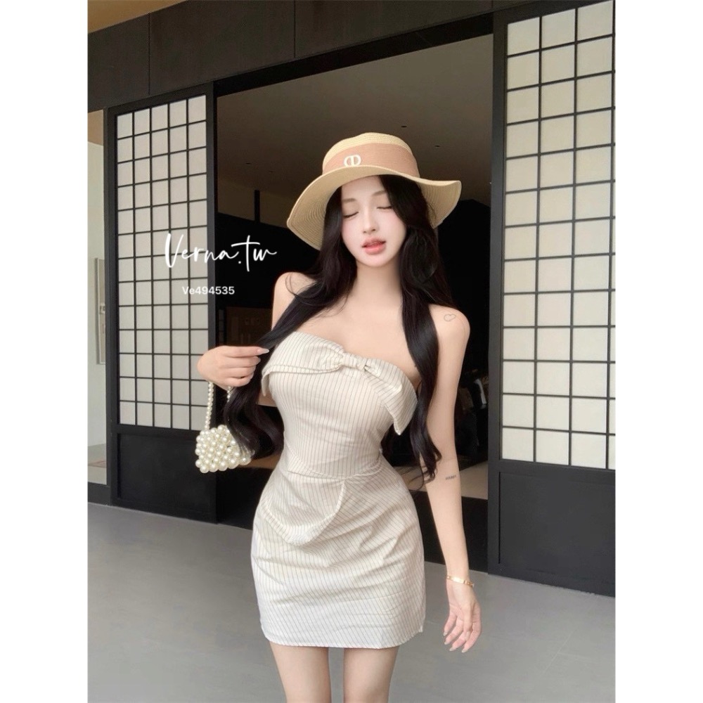 平口立體條紋蝴蝶結連身裙-細節圖3