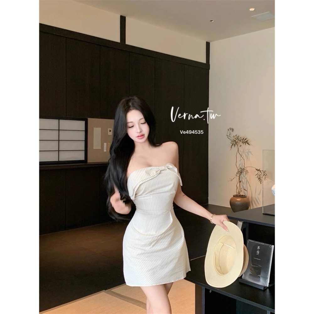 平口立體條紋蝴蝶結連身裙-細節圖7