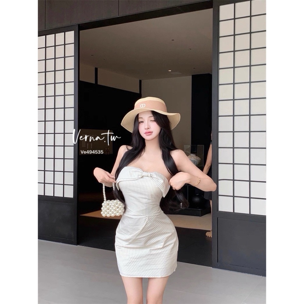 平口立體條紋蝴蝶結連身裙-細節圖8