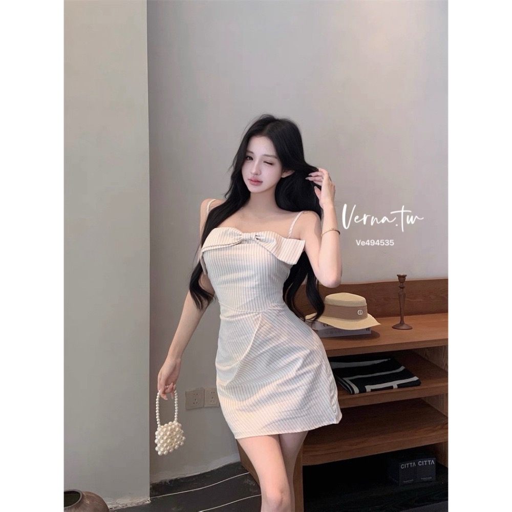 平口立體條紋蝴蝶結連身裙-細節圖9