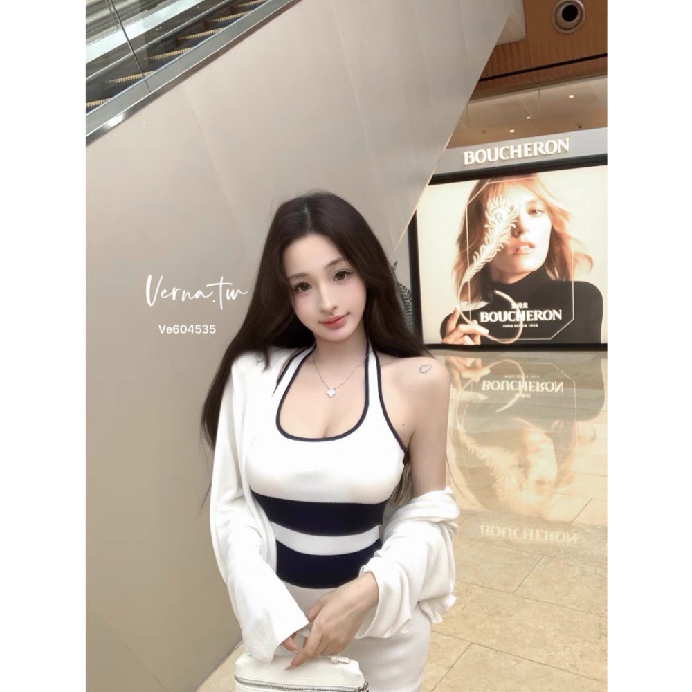 簡約撞色條紋針織連身裙-細節圖3