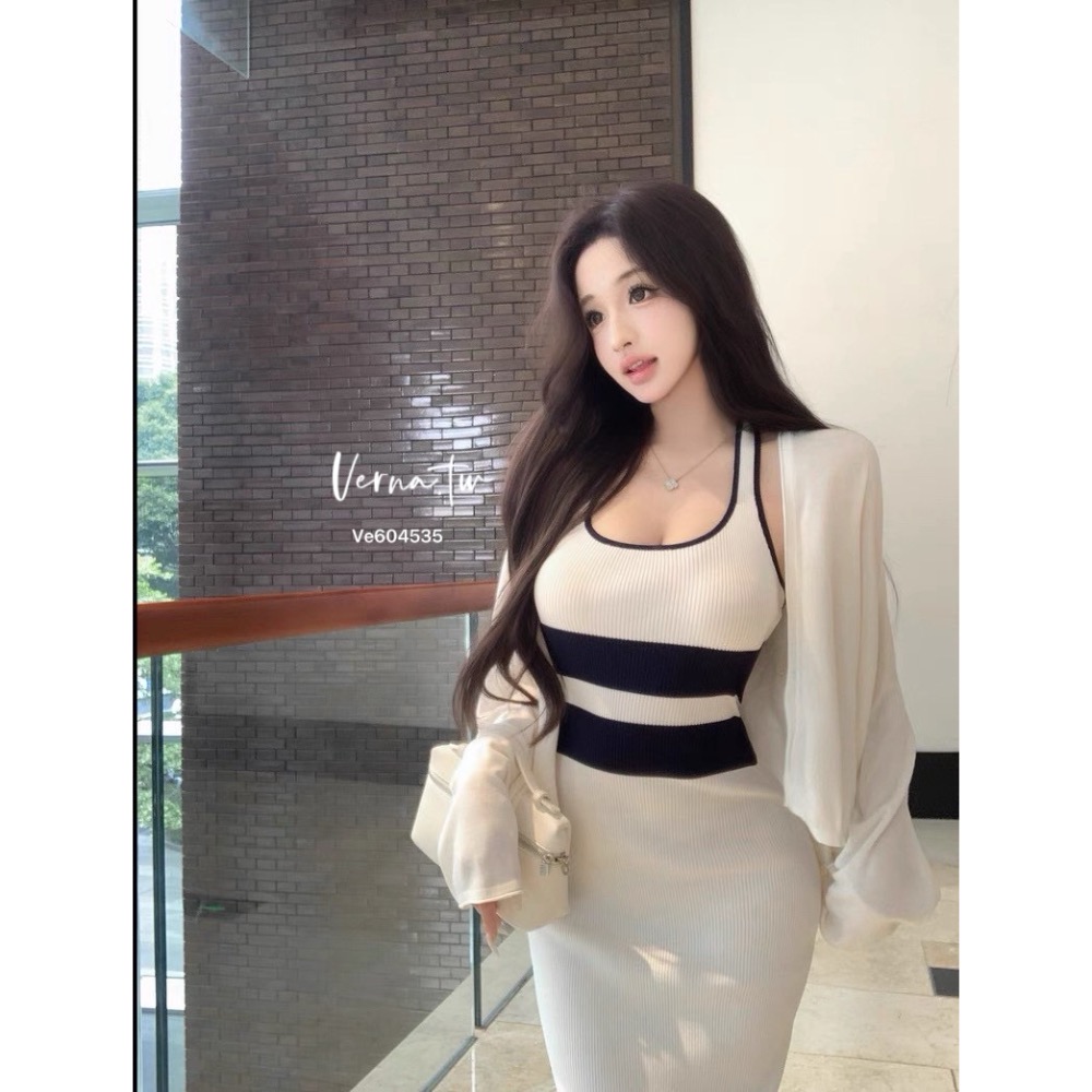 簡約撞色條紋針織連身裙-細節圖4