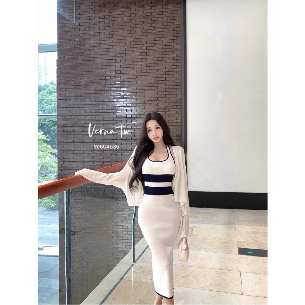 簡約撞色條紋針織連身裙-細節圖5