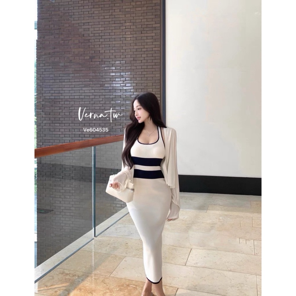 簡約撞色條紋針織連身裙-細節圖6