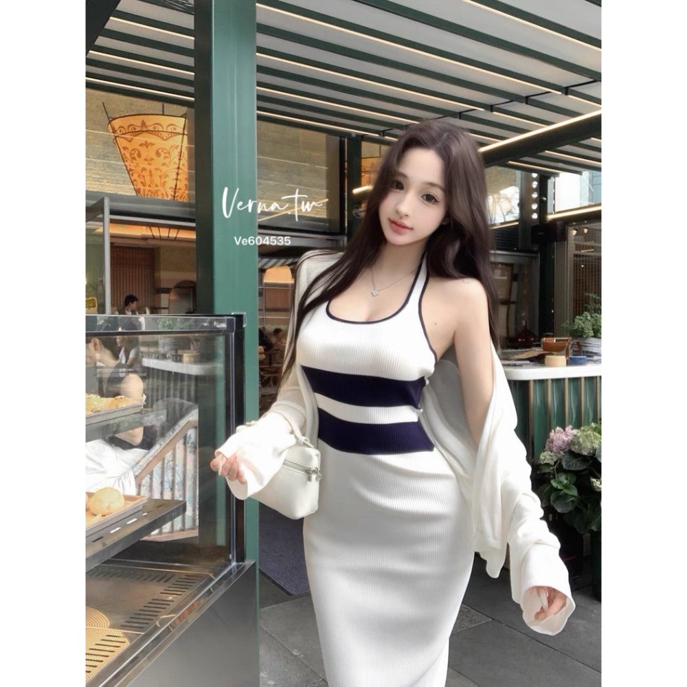 簡約撞色條紋針織連身裙-細節圖7