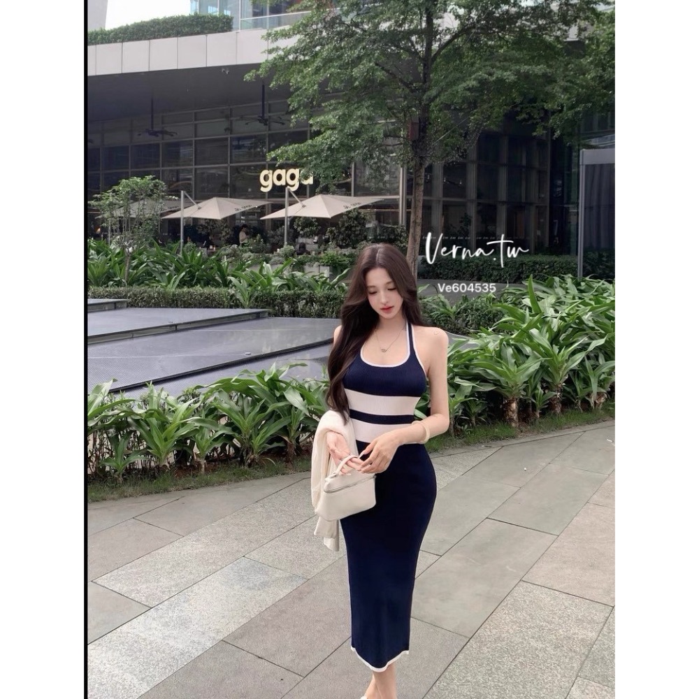 簡約撞色條紋針織連身裙-細節圖8