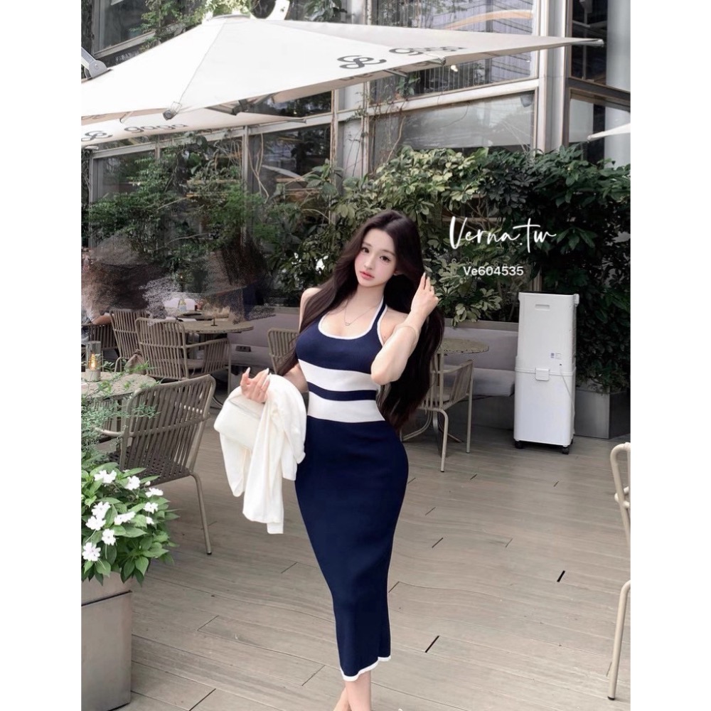 簡約撞色條紋針織連身裙-細節圖10