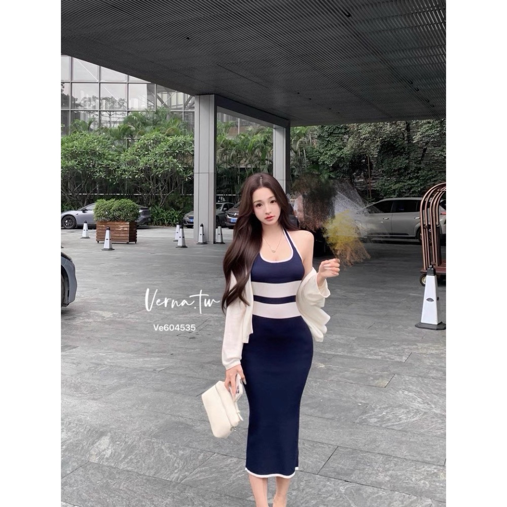 簡約撞色條紋針織連身裙-細節圖11