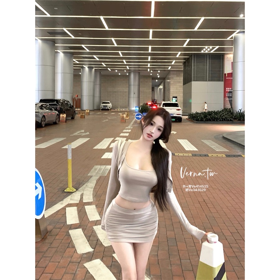 燕麥純色開衫外套x吊帶背心x短裙 三件式套裝-細節圖3