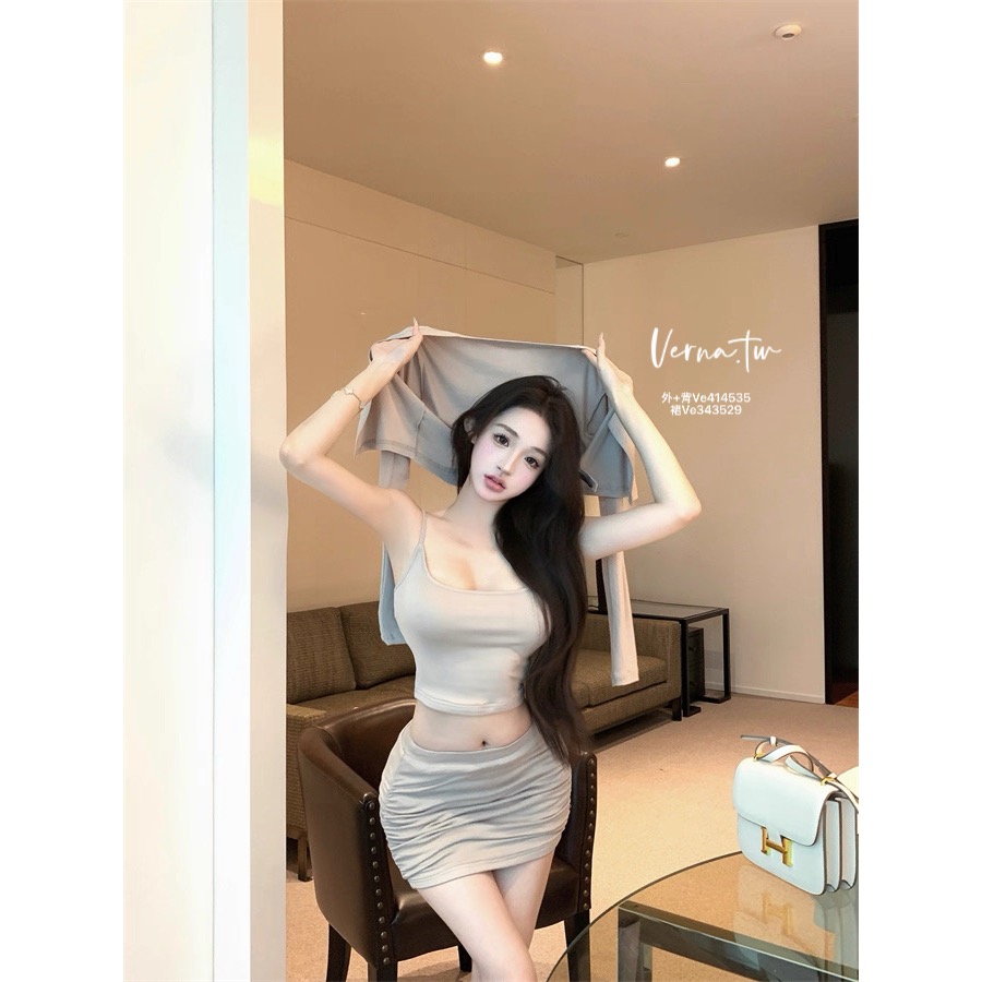 燕麥純色開衫外套x吊帶背心x短裙 三件式套裝-細節圖6