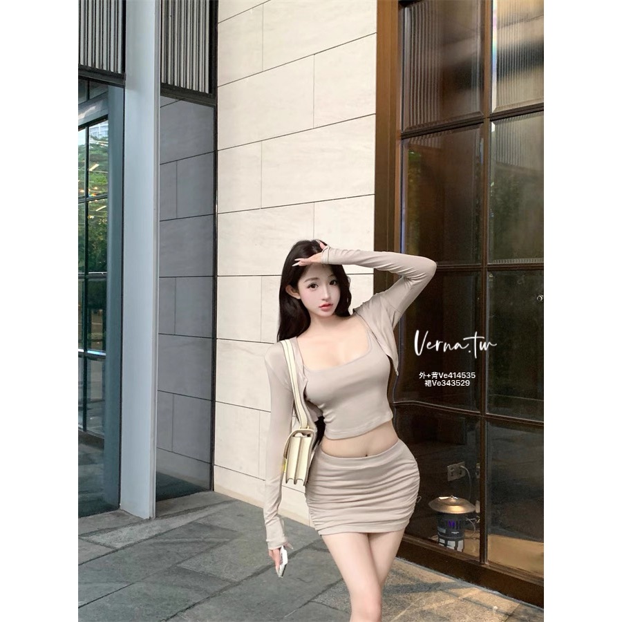 燕麥純色開衫外套x吊帶背心x短裙 三件式套裝-細節圖8