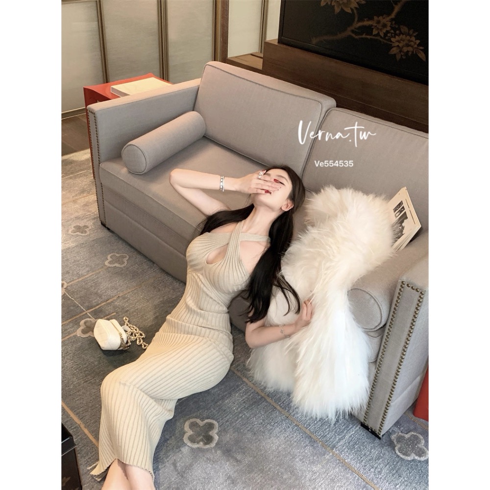 卡其交叉掛脖修身連身裙-細節圖8