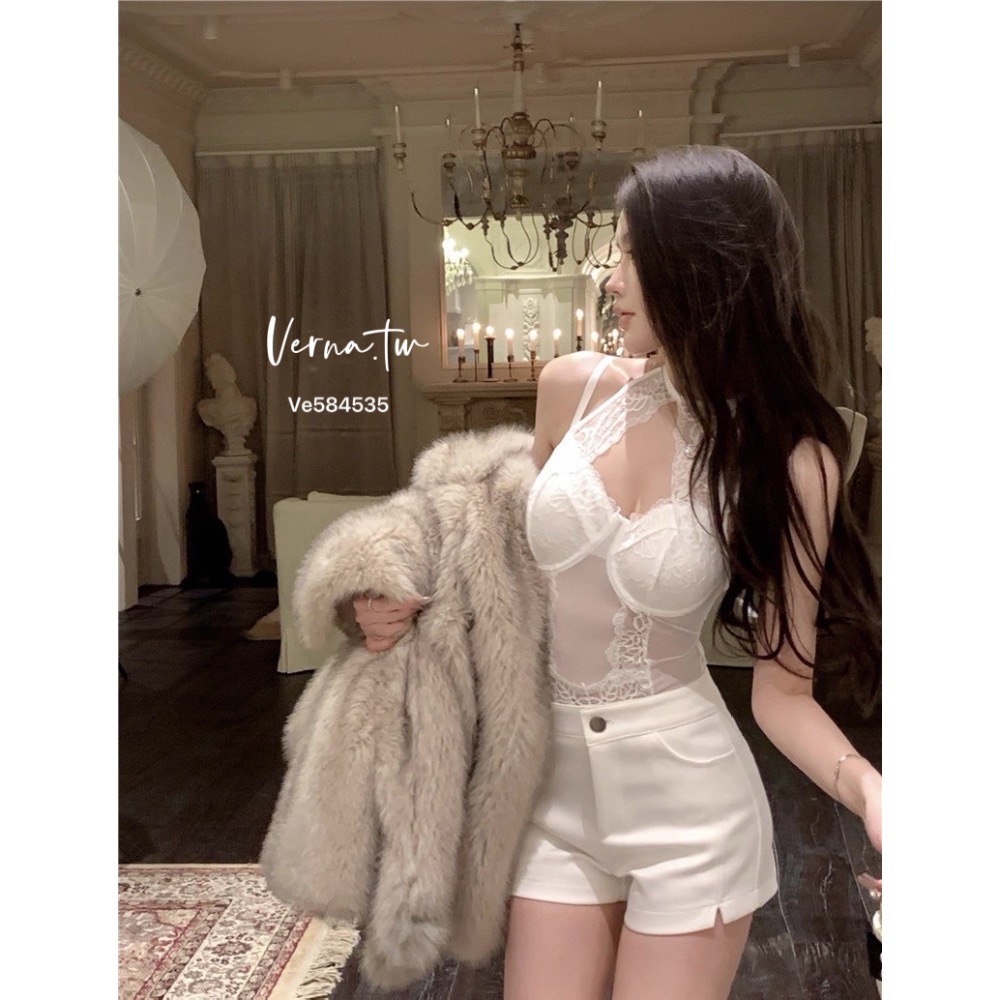 夜店風蕾絲透膚掛脖連體衣-細節圖5