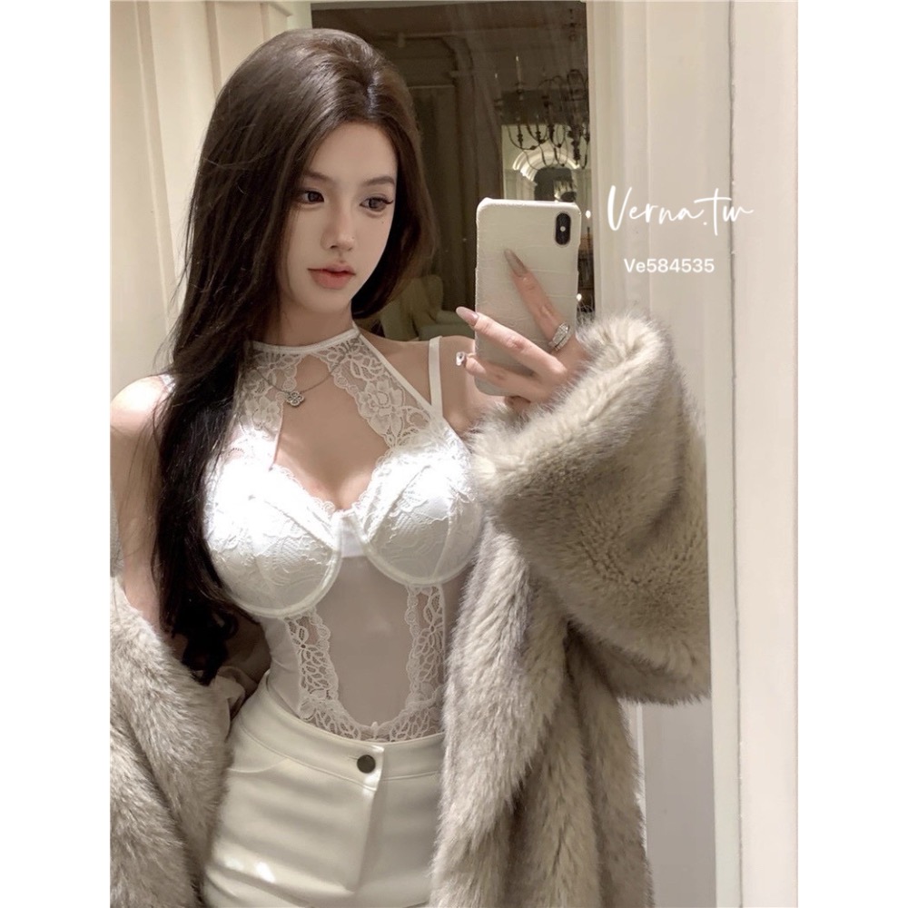 夜店風蕾絲透膚掛脖連體衣-細節圖7