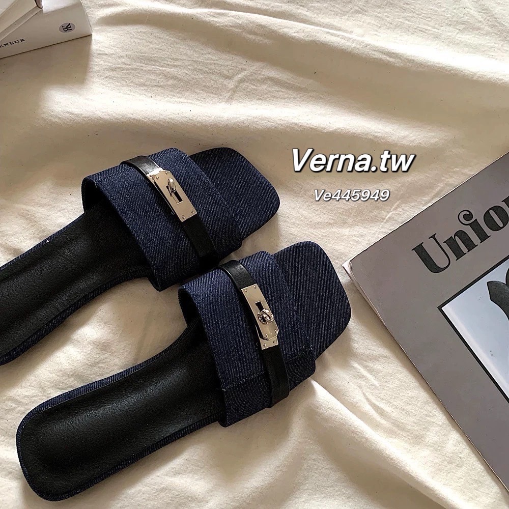 老錢風牛仔布鎖釦涼拖鞋-細節圖5