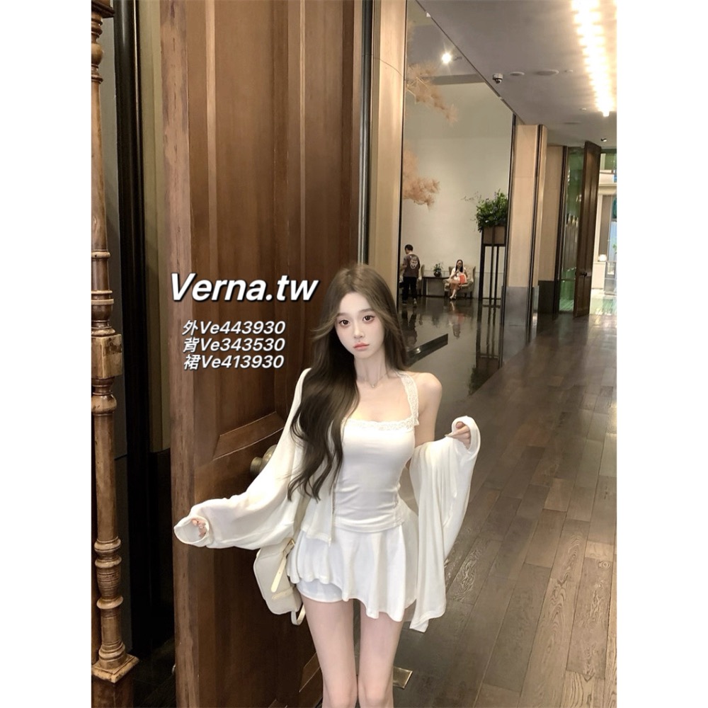 飄逸長袖外套x蕾絲鏤空掛脖背心x不規則褲裙 三件套裝-細節圖2