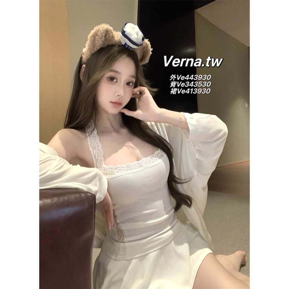 飄逸長袖外套x蕾絲鏤空掛脖背心x不規則褲裙 三件套裝-細節圖3