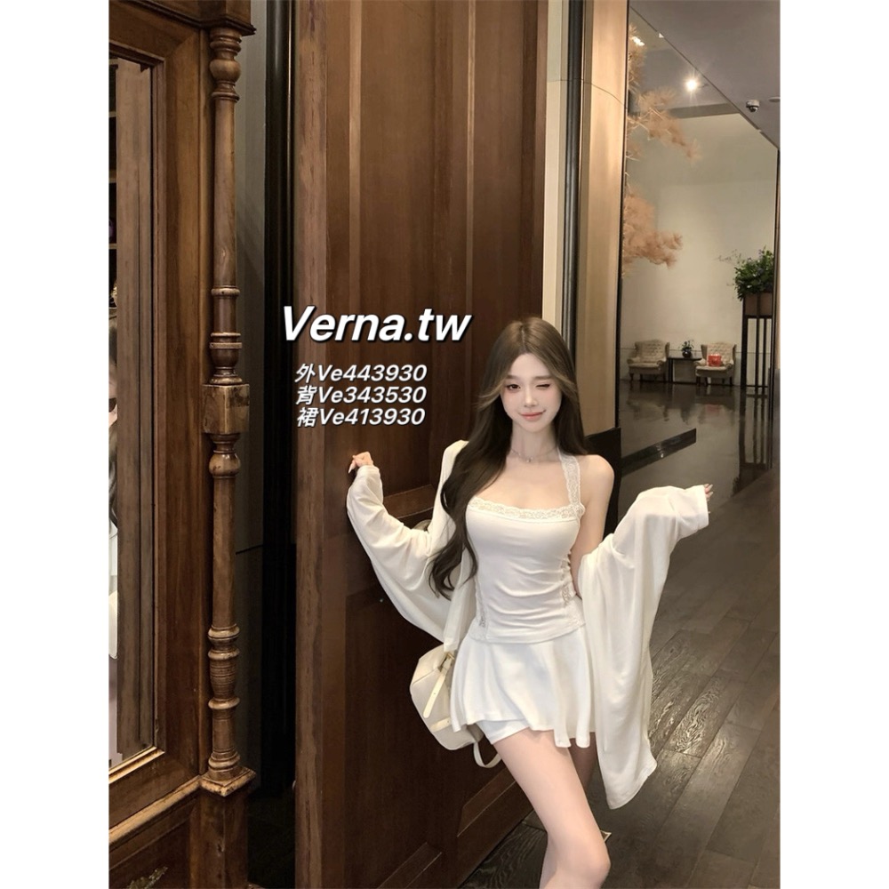 飄逸長袖外套x蕾絲鏤空掛脖背心x不規則褲裙 三件套裝-細節圖5