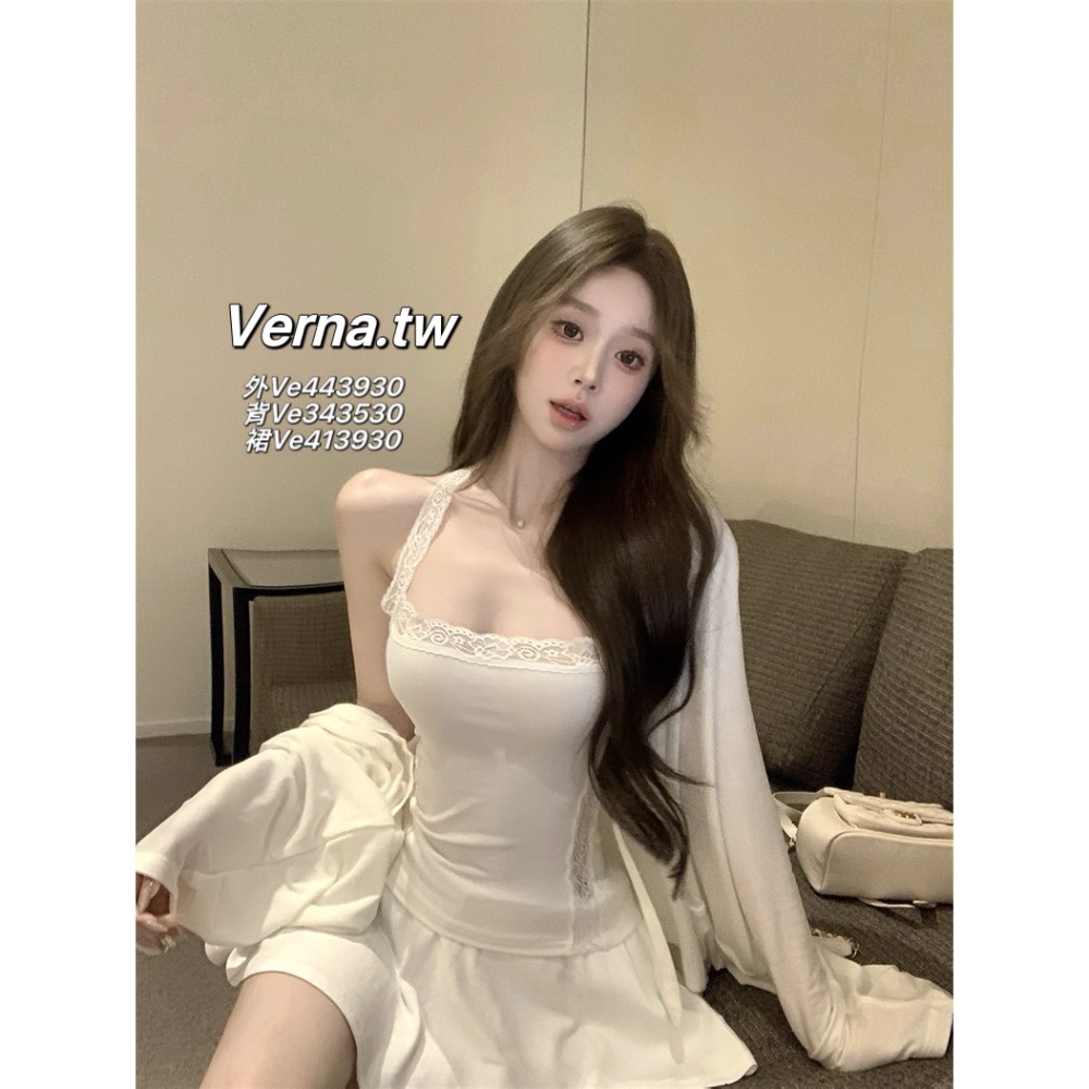 飄逸長袖外套x蕾絲鏤空掛脖背心x不規則褲裙 三件套裝-細節圖6